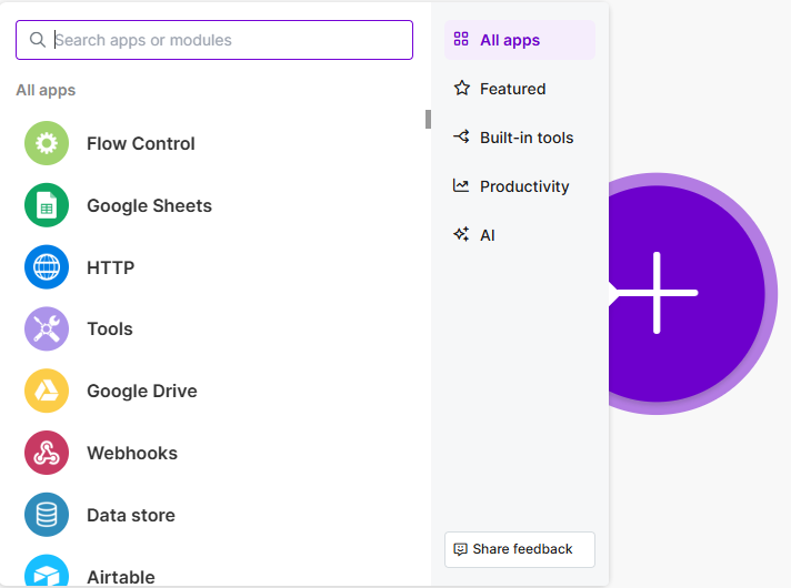 Make新規シナリオ作成画面でモジュールを追加する操作