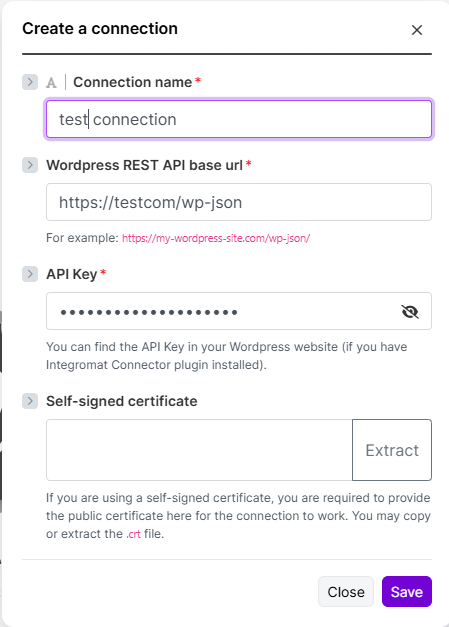 MakeのWordPressモジュールでAPI Keyを入力する接続画面