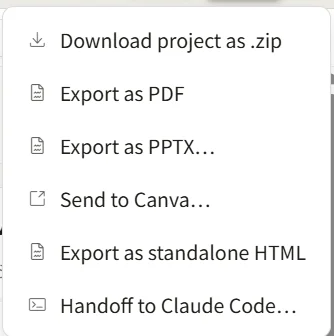 Exportメニューの選択肢（PNG/JPG直接出力はなし）