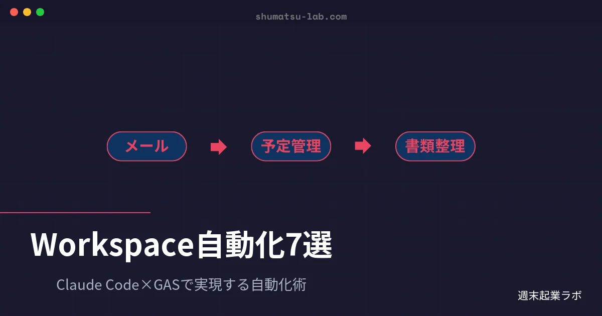 週末起業ラボのアイキャッチ画像：Claude Code×GASによるGoogle Workspace自動化レシピを紹介するブログ記事
