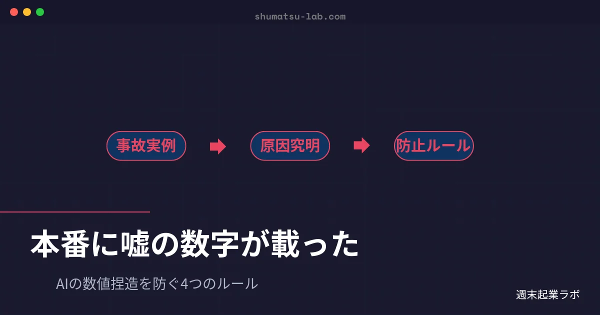 週末起業ラボのアイキャッチ画像：AIが記事に書いた嘘の数字とその再発防止策を解説するブログ記事