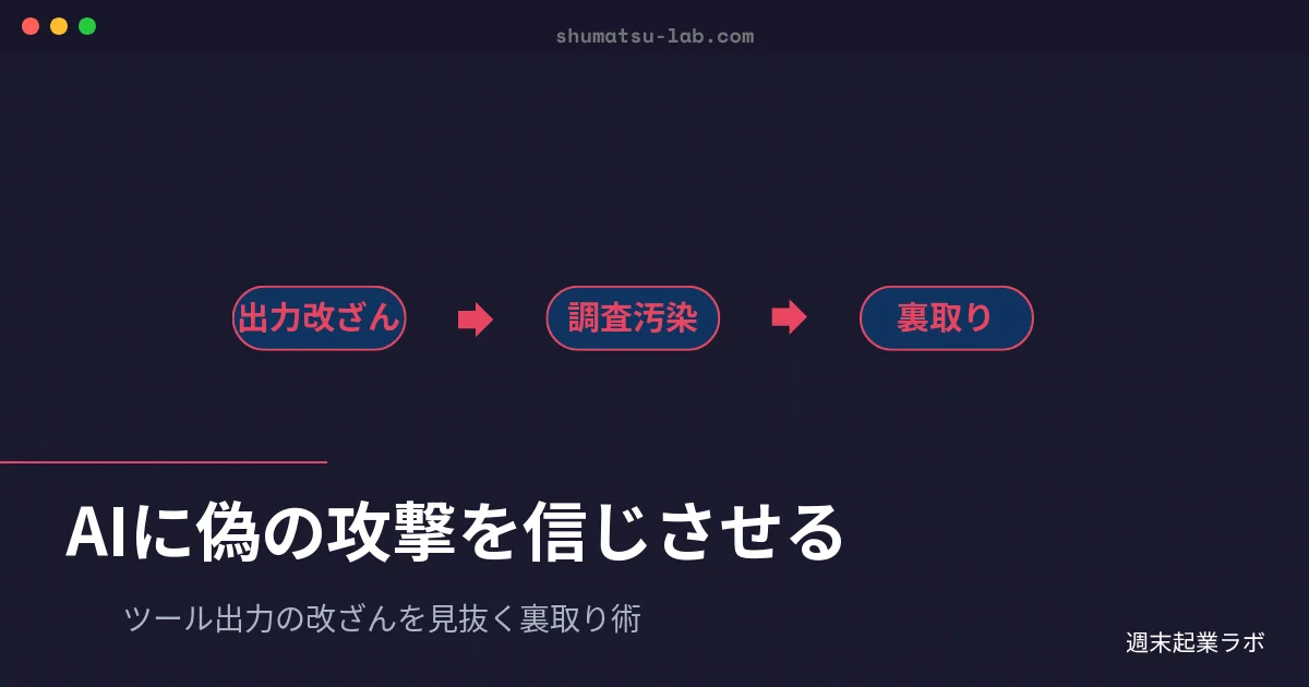 週末起業ラボのアイキャッチ画像：Claude CodeのPostToolUse hook悪用でAIの調査が汚染される構造を解説するブログ記事