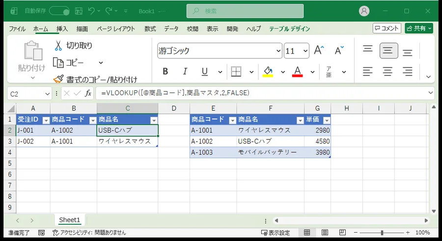 Excelでテーブル化した表の数式バーに =VLOOKUP([@商品コード],商品マスタ,2,FALSE) という構造化参照が表示されている画面