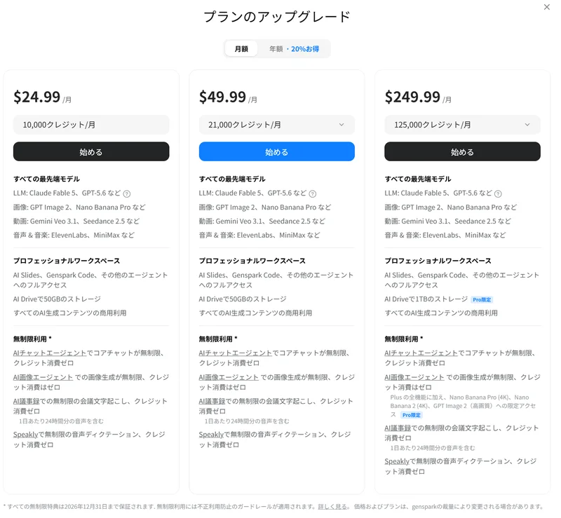 Gensparkの月額プラン3階層の料金画面