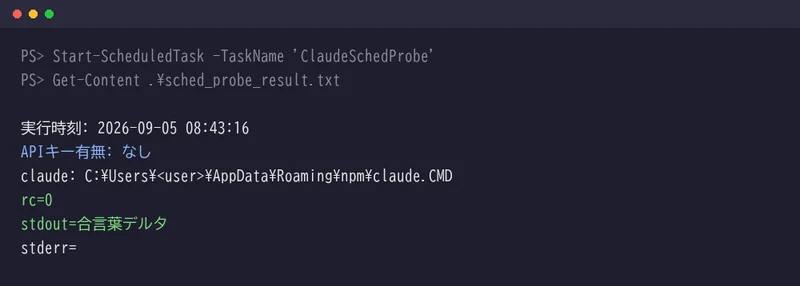 タスクスケジューラ経由でclaude -pが認証を通した実行結果