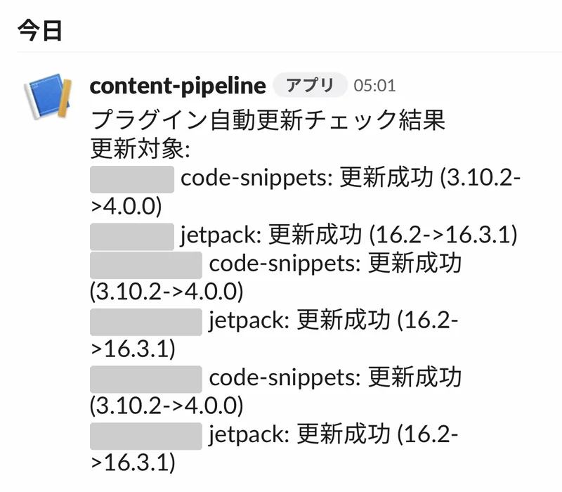 10月20日朝5時1分に届いたSlack通知。1行目は「プラグイン自動更新チェック結果」で、code-snippets(3.10.2から4.0.0)とjetpack(16.2から16.3.1)の更新成功が3サイト分並ぶ。サイト名は伏せている