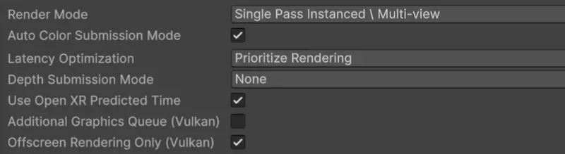 UnityのOpenXR設定のAndroidタブ。Render ModeからOffscreen Rendering Only (Vulkan)までが並び、Optimize Buffer Discards (Vulkan)の欄は無い
